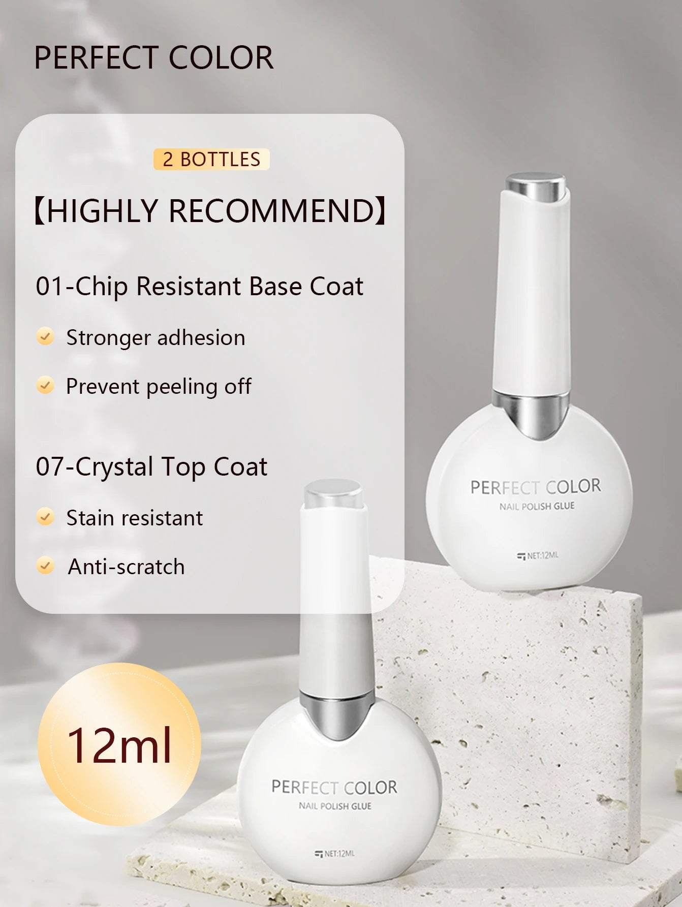 PERFECT COLOR Gel Nail Polish Top & Base Coat Set – Silky Base, Glossy No-Wipe Top