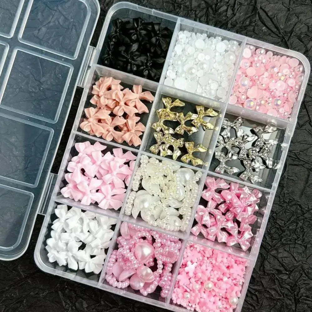MAFANAILS 3D Resin Bowknot Pearl Nail Charms – Y2K Heart & Flower Decor, 12 Grids