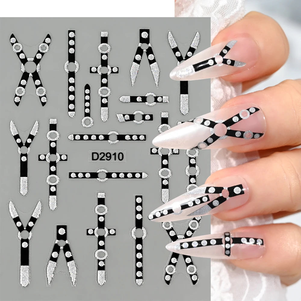 5D Glitter Silver Black Flower Nail Stickers – Embossed Floral Transfer Decals