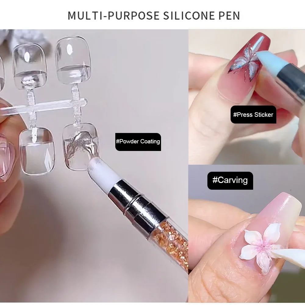 Dual-Ended Silicone Nail Sculpting Pen Set – 3D Flower Carving & Mirror Powder Tools, 5 Pieces