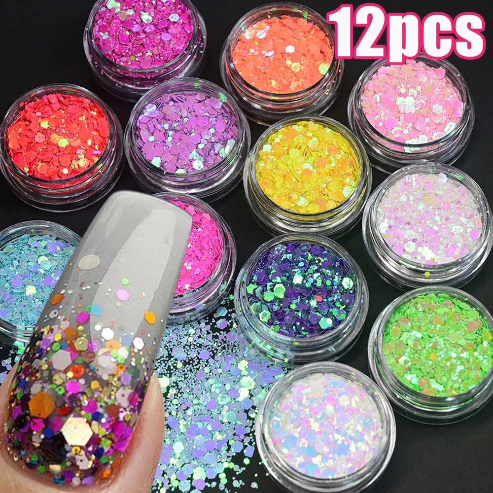 12 Bottles Set Shiny Nail Sugar Pigment Powder Cosmetic Festival Powder Sequins Glitter for Nail Arts Face Hair Body Decoration