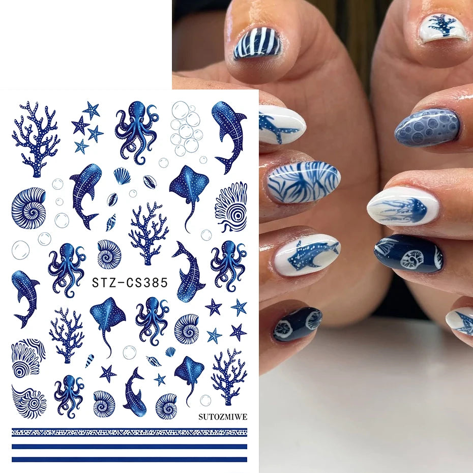 Blue Ocean Nail Art Stickers – Whale, Octopus & Starfish Decals, 2 Pieces