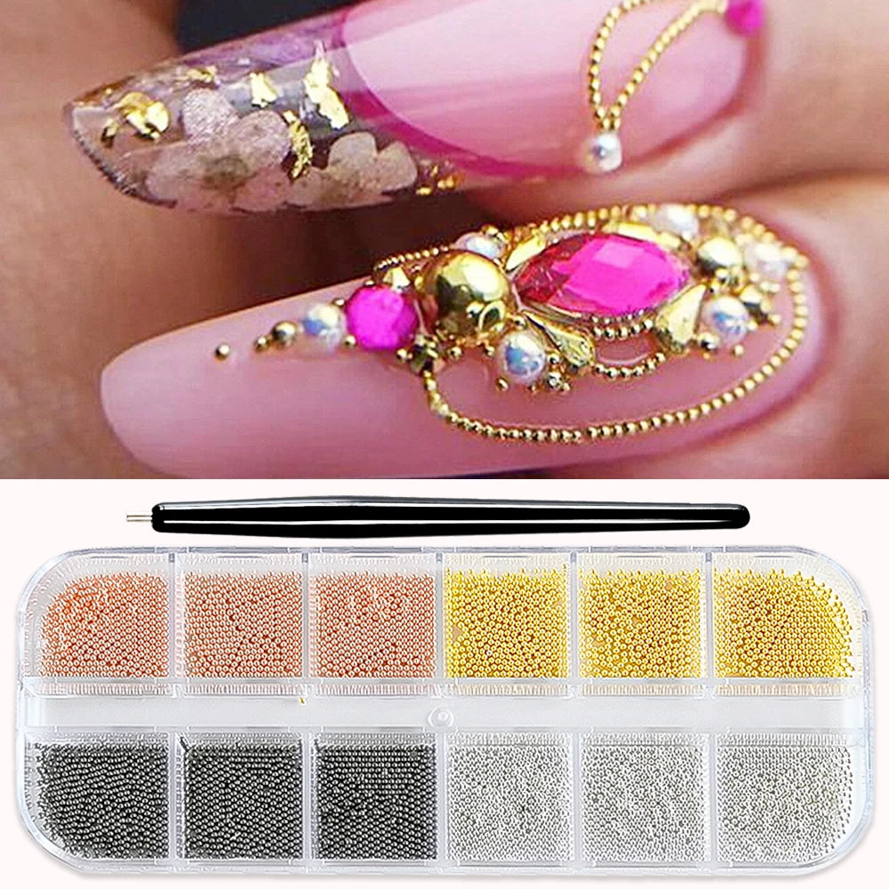 MAFANAILS Mini Caviar Bead Nail Charms with Magnetic Pen – Gold & Silver Steel Beads