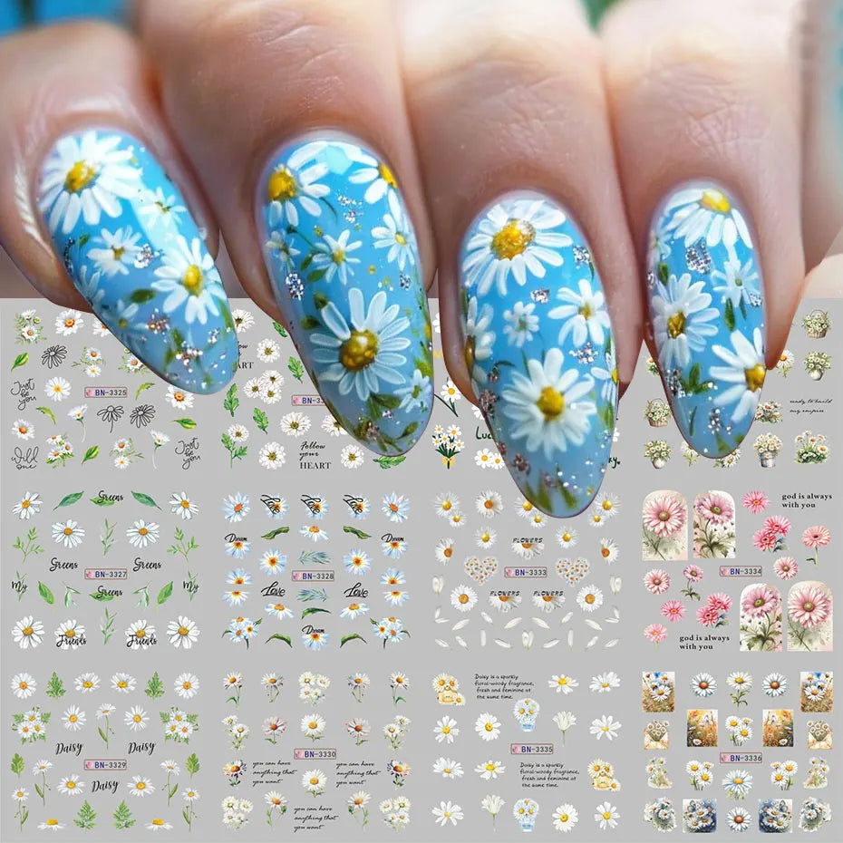 12-Style Daisy Flower Nail Water Sticker Set – Cute Summer Floral Decals