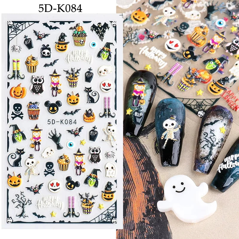 5D Embossed Nail Art Stickers – Floral, Lace & Halloween Textured Decals