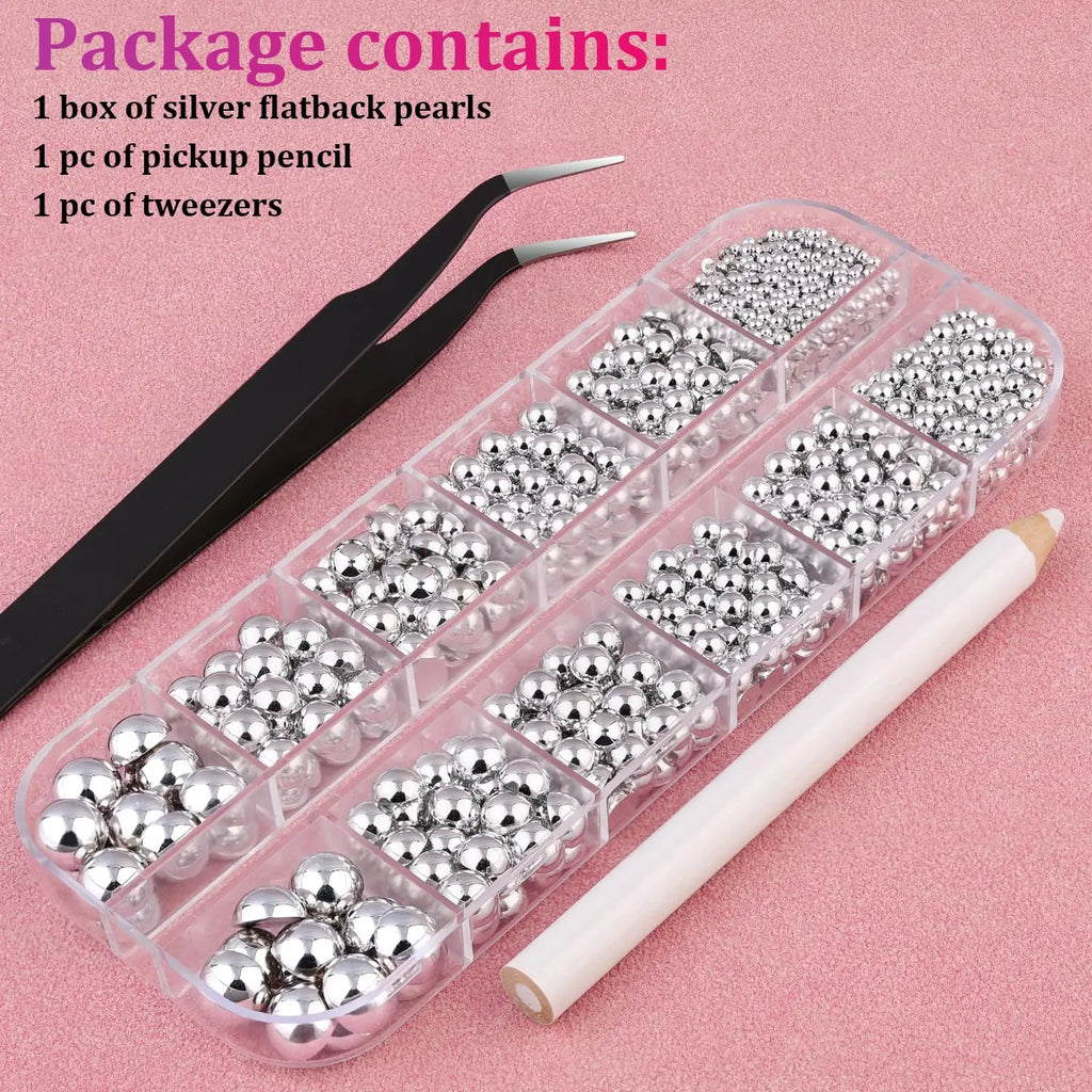 HotPress Silver Half Round Caviar Bead Nail Rhinestones – Flatback Pearl & Alloy Ball Set, 12 Grids