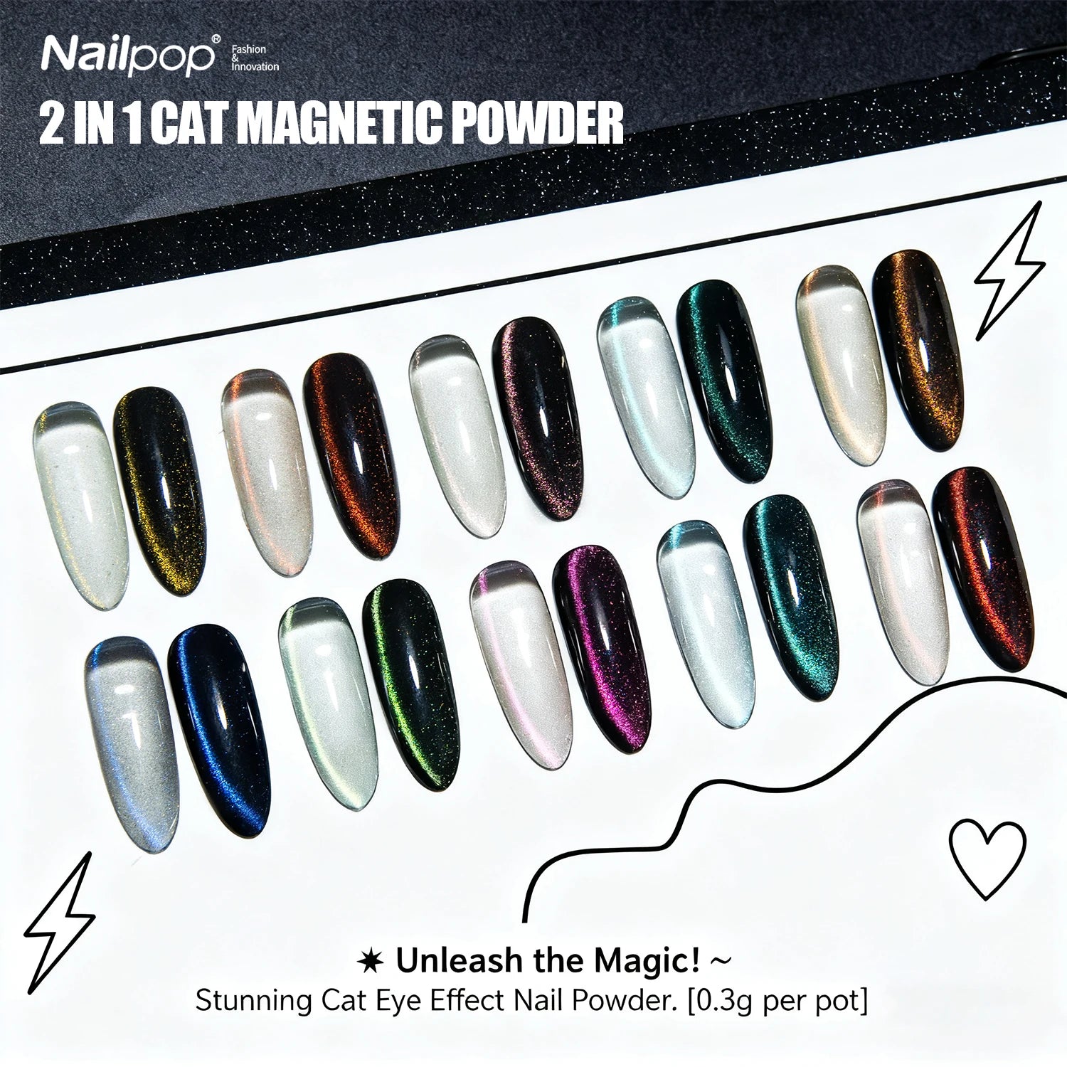 Nailpop  Metallic Cat Eye Nail Powder 10 Colors Magnetic Changing Glitter DIY Nail Art Decoration Glitter Nail Accessories 0.3g