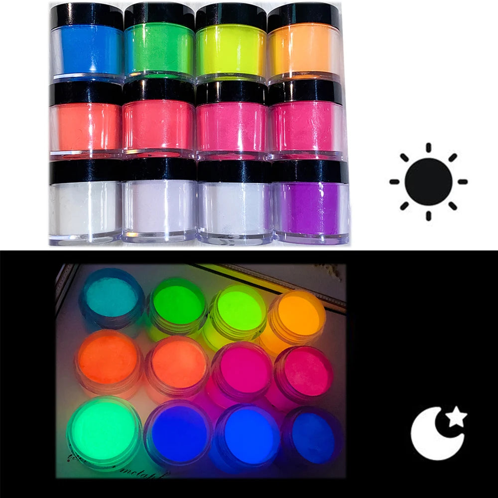 MAFANAILS Glow-in-the-Dark Acrylic Powder – Luminous Neon Nail Powder Set, 12 Colors