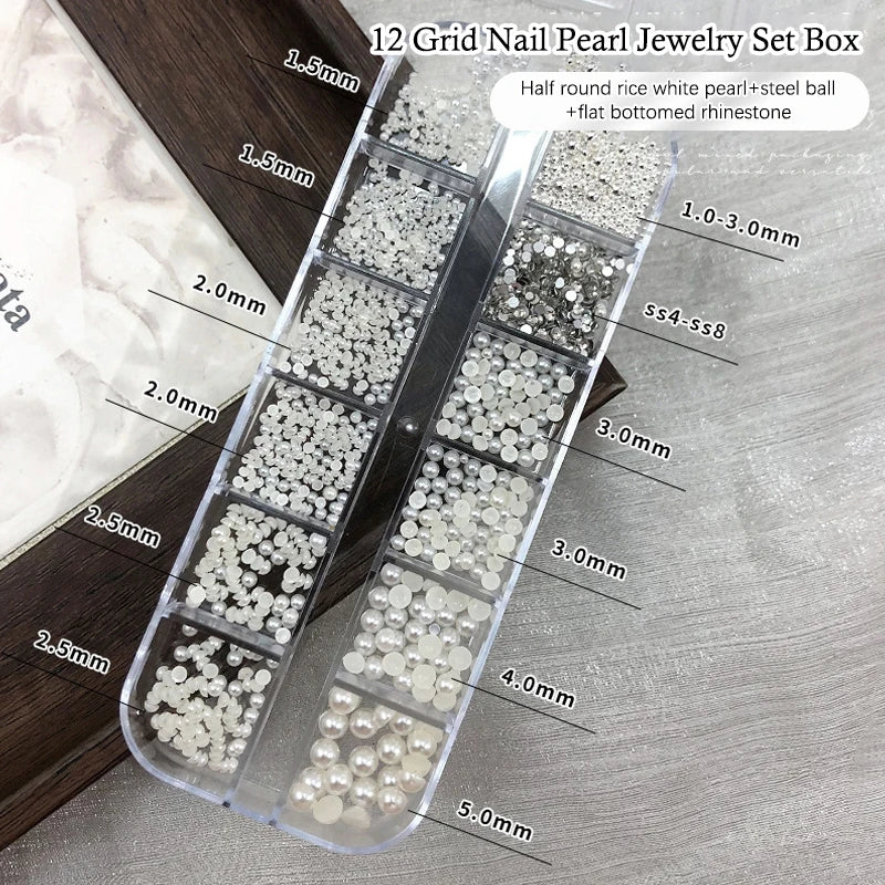 12-Grid Round Pearl Nail Charms – Caviar Bead & Pearl Gem Decor Set