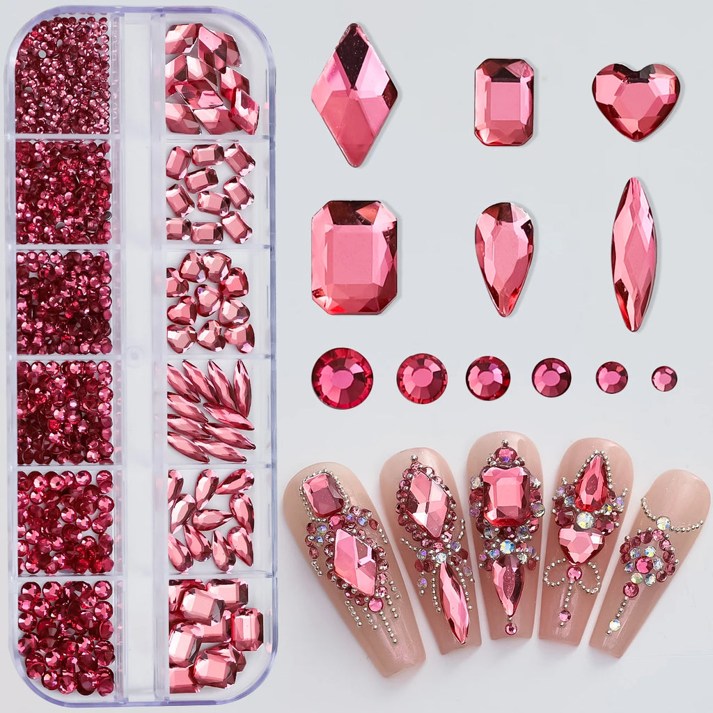 Sparkle Crystal Nail Rhinestones – Mixed Shape Flatback Gems, 12 Grids