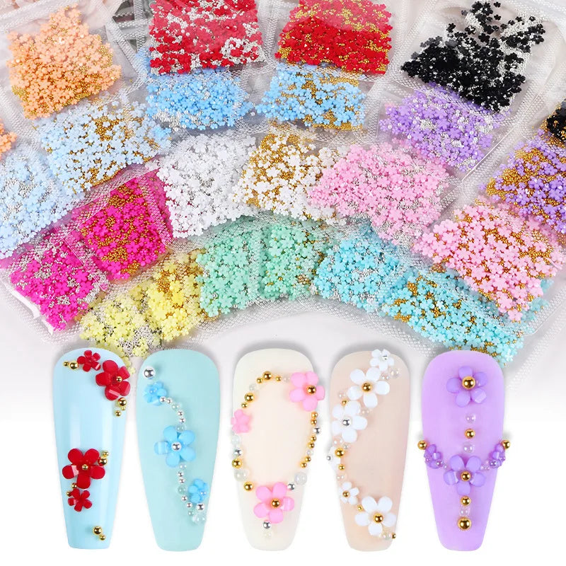 MAFANAILS 3D Acrylic Flower Nail Charms – Mixed Gold Bead & Pearl Set, 1000+pcs