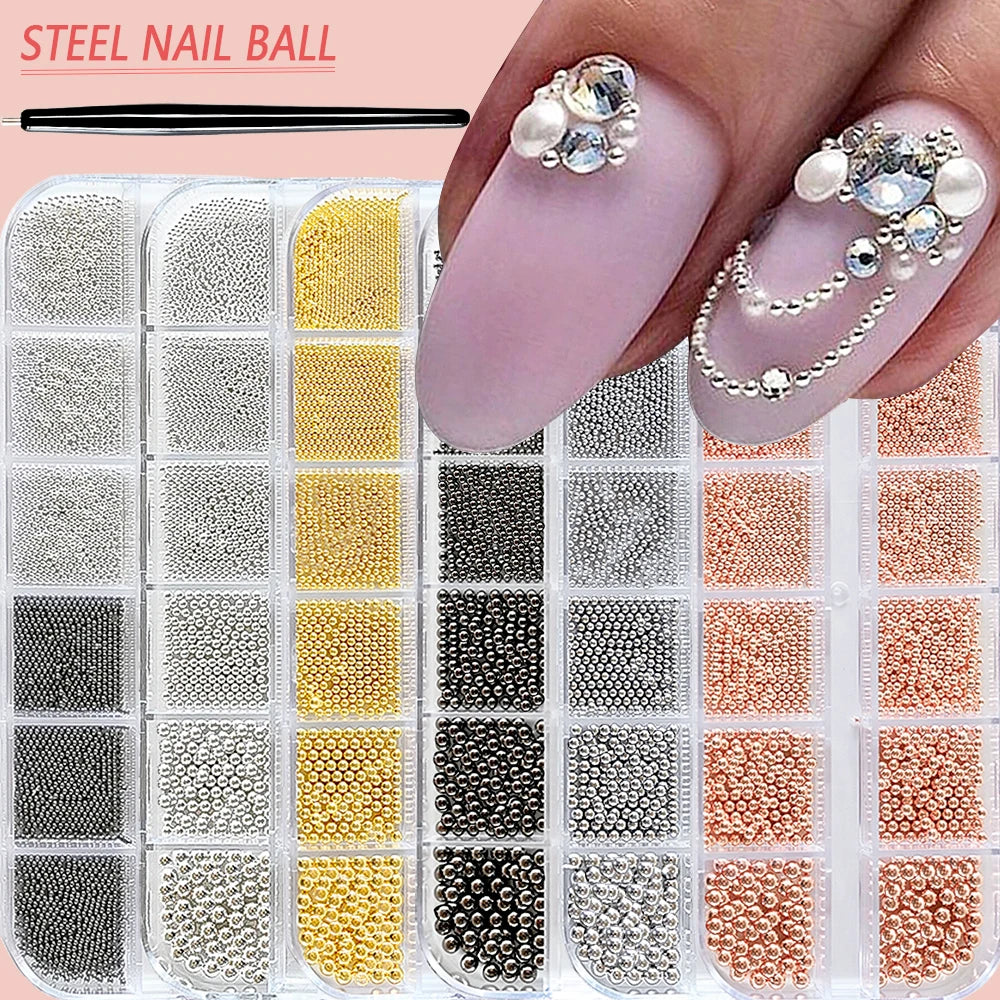 MAFANAILS Mini Caviar Bead Nail Charms with Magnetic Pen – Gold & Silver Steel Beads