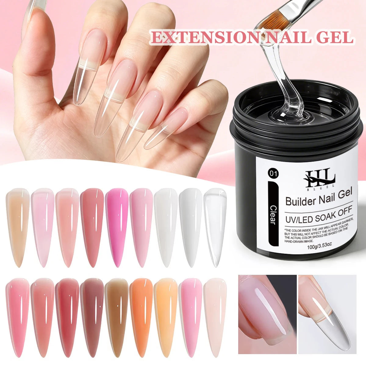 HL 100g Clear Nail Extension Gel,Professional Hard UV Gel for Nail Lengthening,Non-Yellowing Self-Leveling Builder Gel for DIY