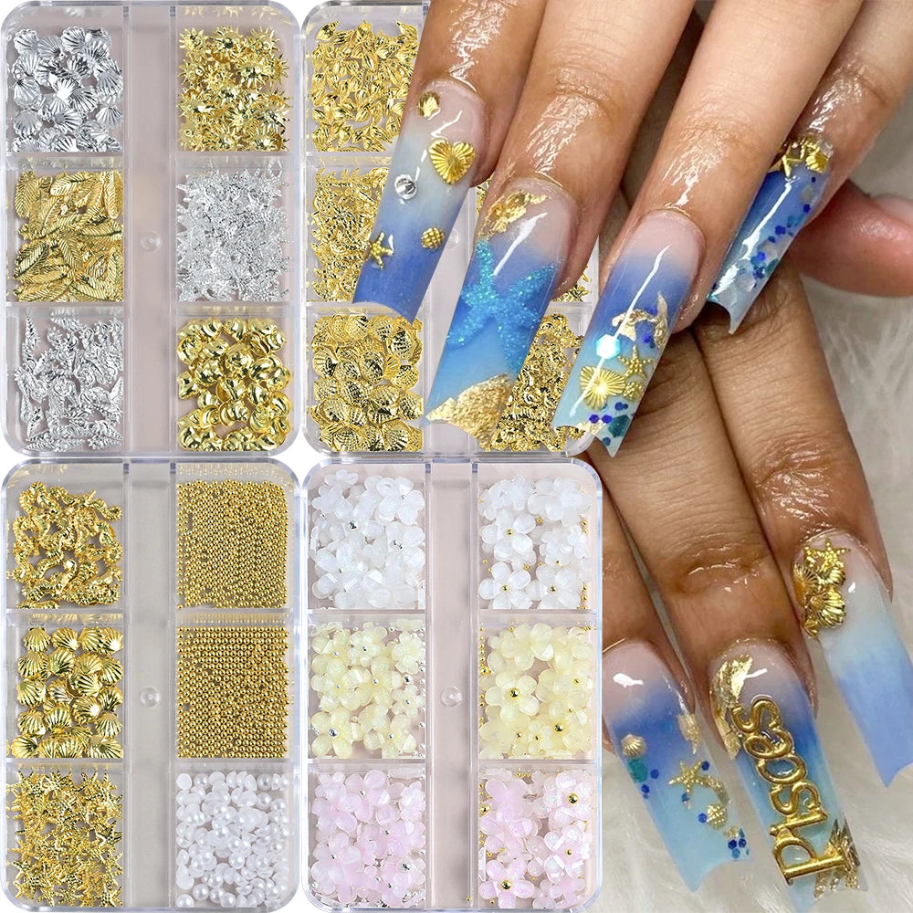 MAFANAILS Metal Summer Ocean Nail Art Charms – Shell, Starfish & Seahorse Studs, 6 Grids
