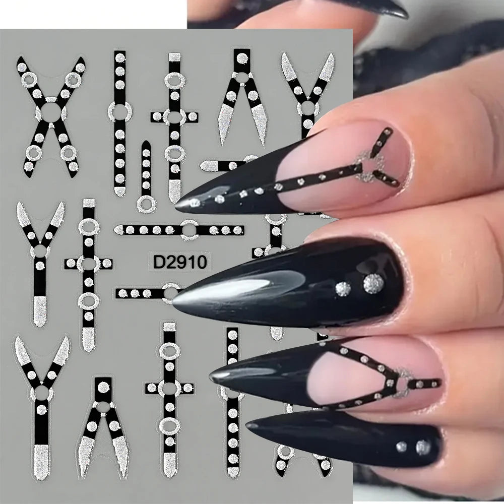 5D Glitter Silver Black Flower Nail Stickers – Embossed Floral Transfer Decals