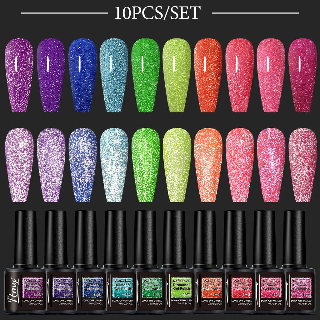 Set of 10 Glitter Gel Nail Polish Set - Shiny, Long-lasting UV-absorbing Varnish for Hands and Feet, Fragrance-free, Flaky, Nail