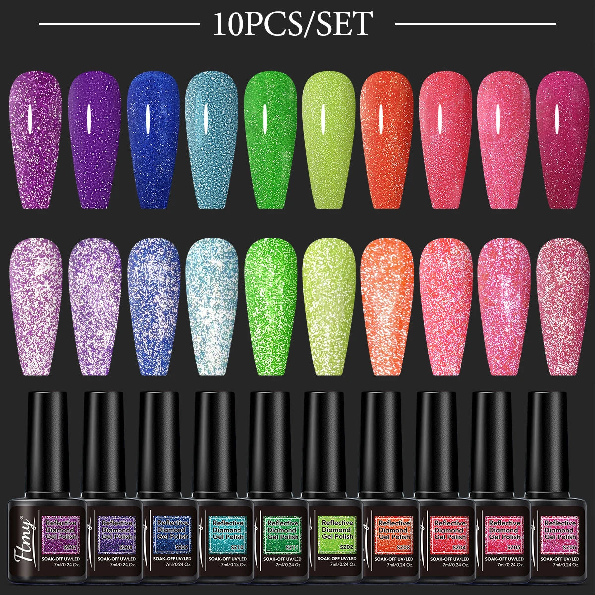 Set of 10 Glitter Gel Nail Polish Set - Shiny, Long-lasting UV-absorbing Varnish for Hands and Feet, Fragrance-free, Flaky, Nail