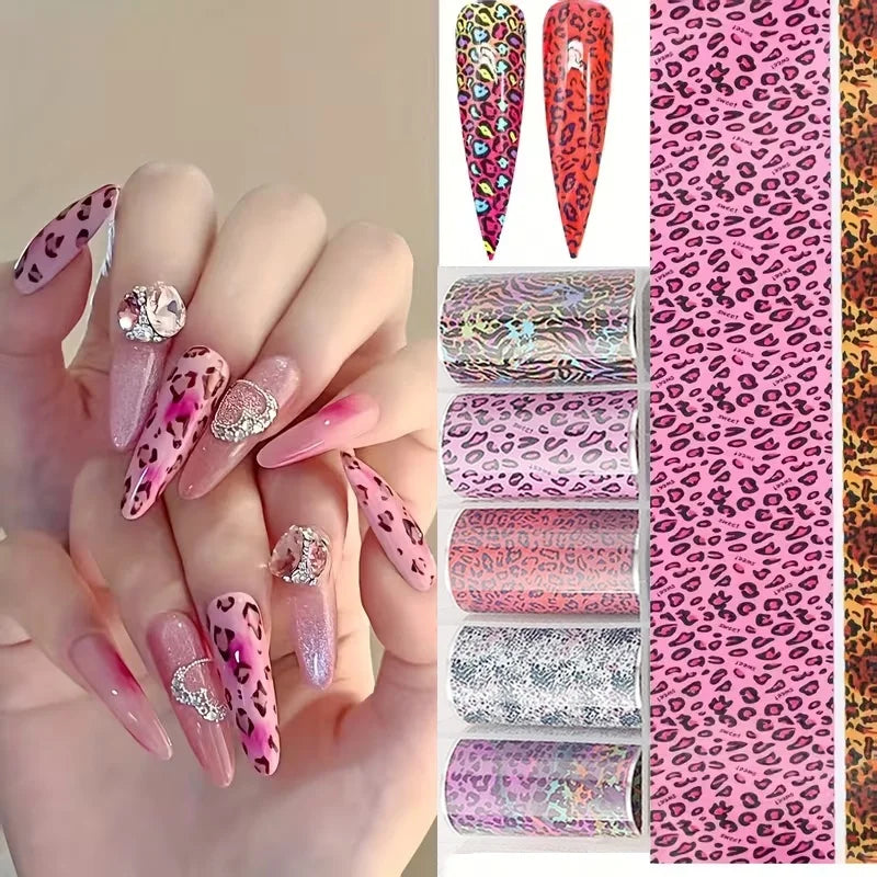 HotPress Pink Leopard Nail Foil Stickers – Animal Print Transfer Decals, 10 Rolls
