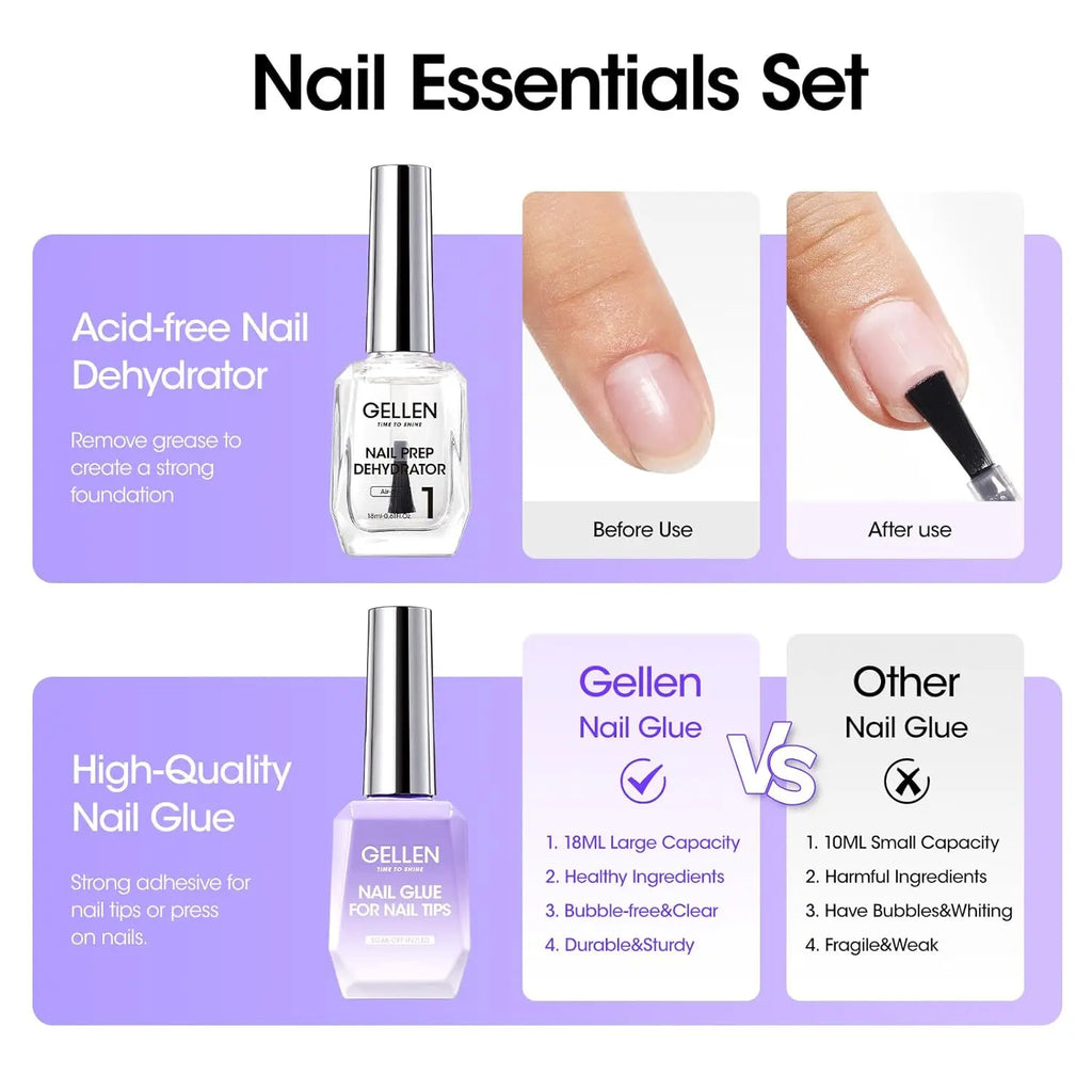 GELLEN 18ml 4In1 Nail Glue Gel Prep Dehydrator Kit for False Acrylic Press on Nails Soak Off LED UV Light Cure Manicure Supplies