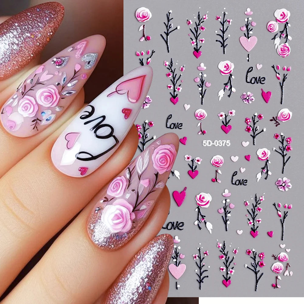 MingLee 5D Embossed Sakura Flower Nail Stickers – Lavender, Rose & Leaf Decals
