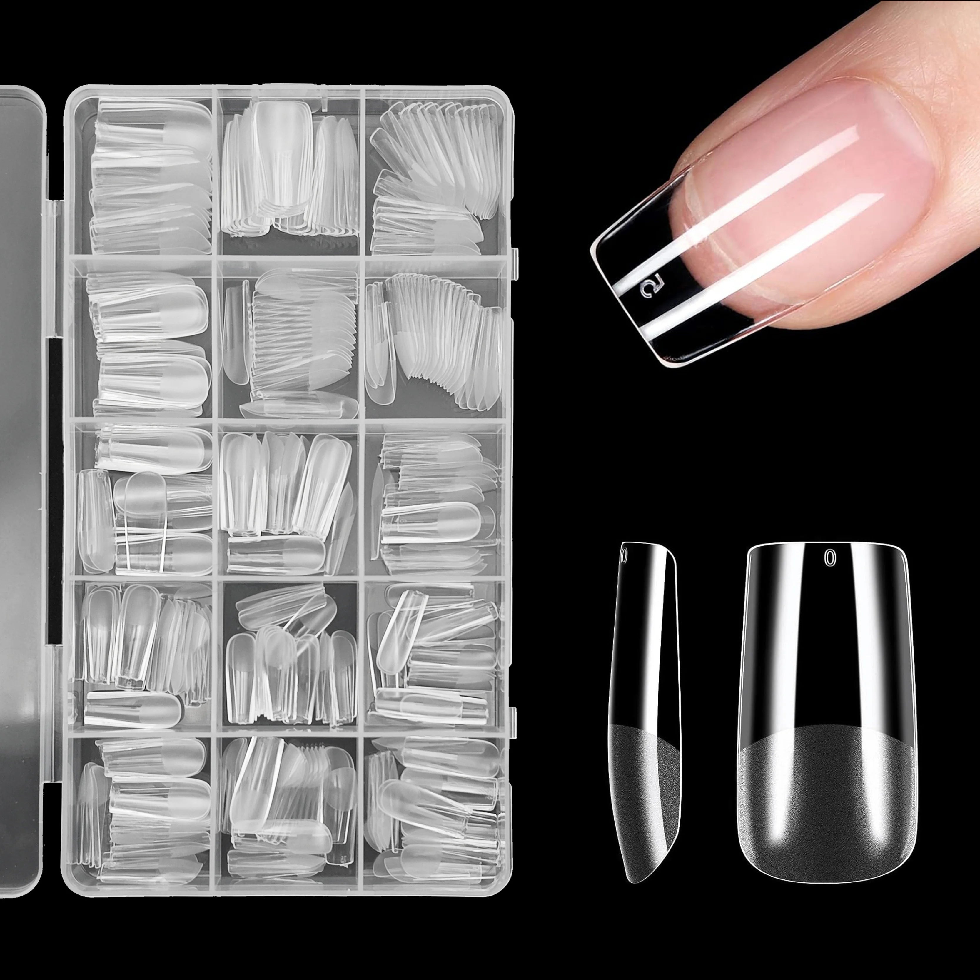 Half-Matte Square Nail Tips – Clear Full Cover Acrylic, 15 Sizes, 240-330 Pieces
