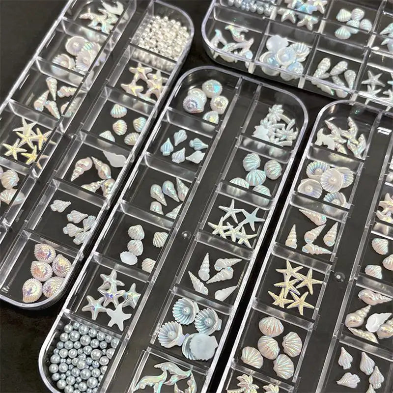 MAFANAILS 3D Ocean Style Nail Charms – Blue Shell, Starfish & Conch, 12 Grids