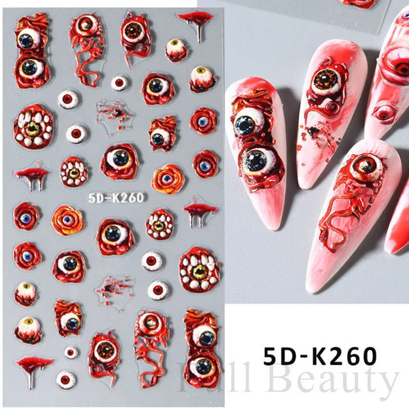 5D Embossed Nail Art Stickers – Floral, Lace & Halloween Textured Decals