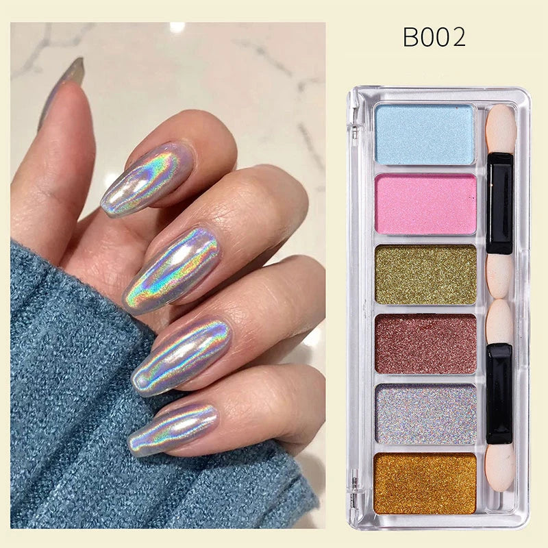 CHUNSHU 6-Color Metallic Chrome Nail Powder – Mirror Gold, Silver & Aurora