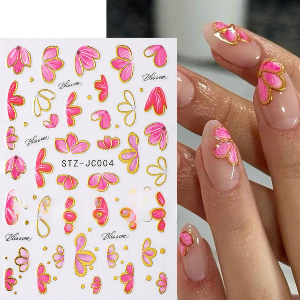 3D Pink Gold Flower Nail Stickers Metallic Gold Line Floral Petals Sakura Sliders Decals Spring Elegant DIY Manicure Decoration