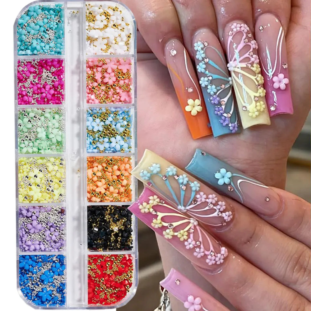 MingLee 3D Pastel Acrylic Flower Nail Charms – Gold & Silver Caviar Bead Set