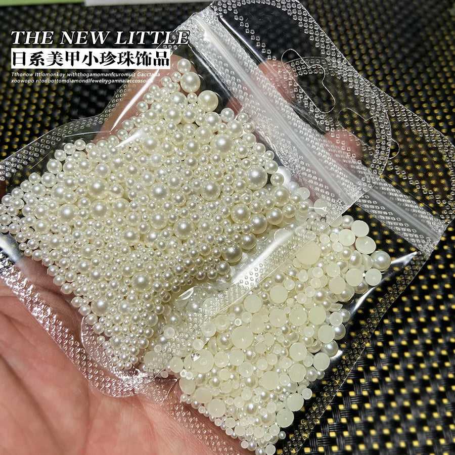 MingLee Half Round Pearl Nail Rhinestones – White & Beige Caviar Nail Decor