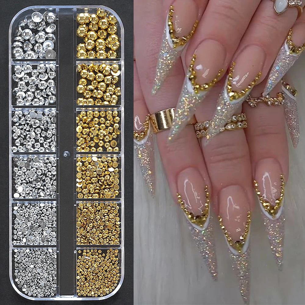 HotPress Gold Half Round Pearl Nail Accessories – 6-Size Metal Caviar Bead Set