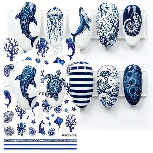 Blue Ocean Nail Art Stickers – Whale, Octopus & Starfish Decals, 2 Pieces