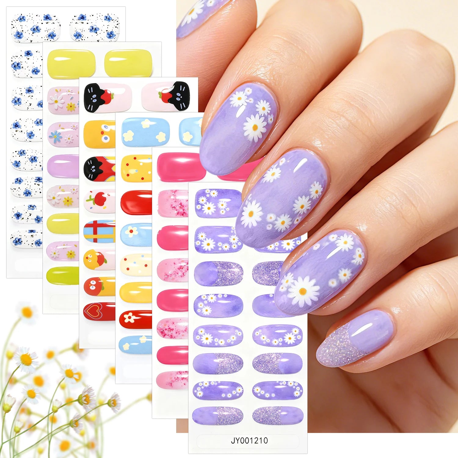 16-Tip Floral Full-Cover Nail Wraps – Daisy, Cherry & Tulip Gel Stickers