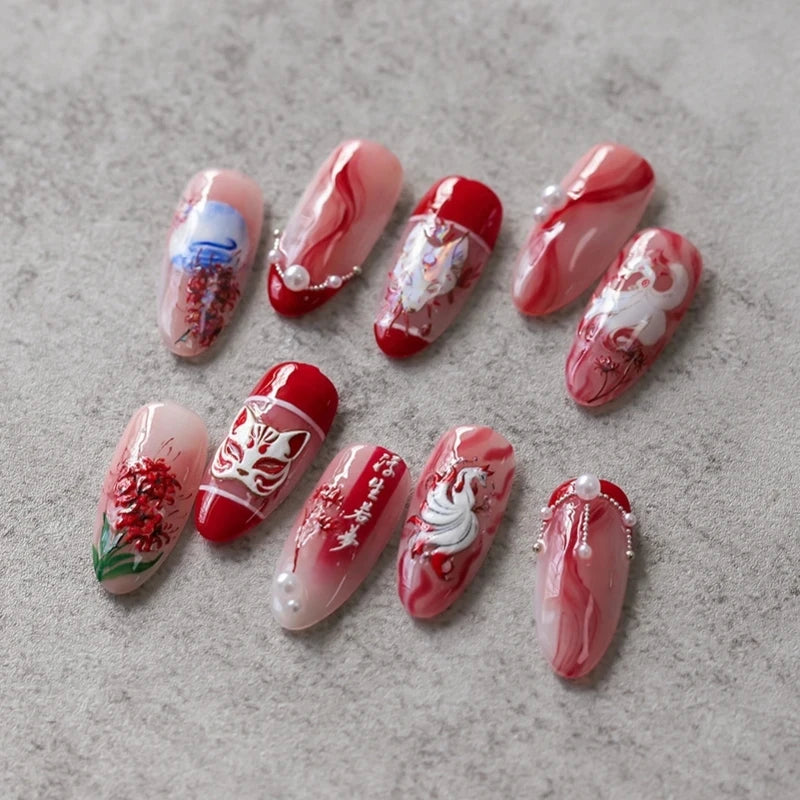 Rhstoe Nine-Tailed Fox 5D Nail Stickers – Chinese Style Fox Mask & Flower Decals