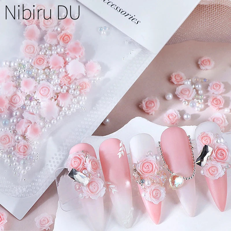 3D Rose Flower Nail Charms – Pink Pearl Beads, Valentine's Nail Art Decoration
