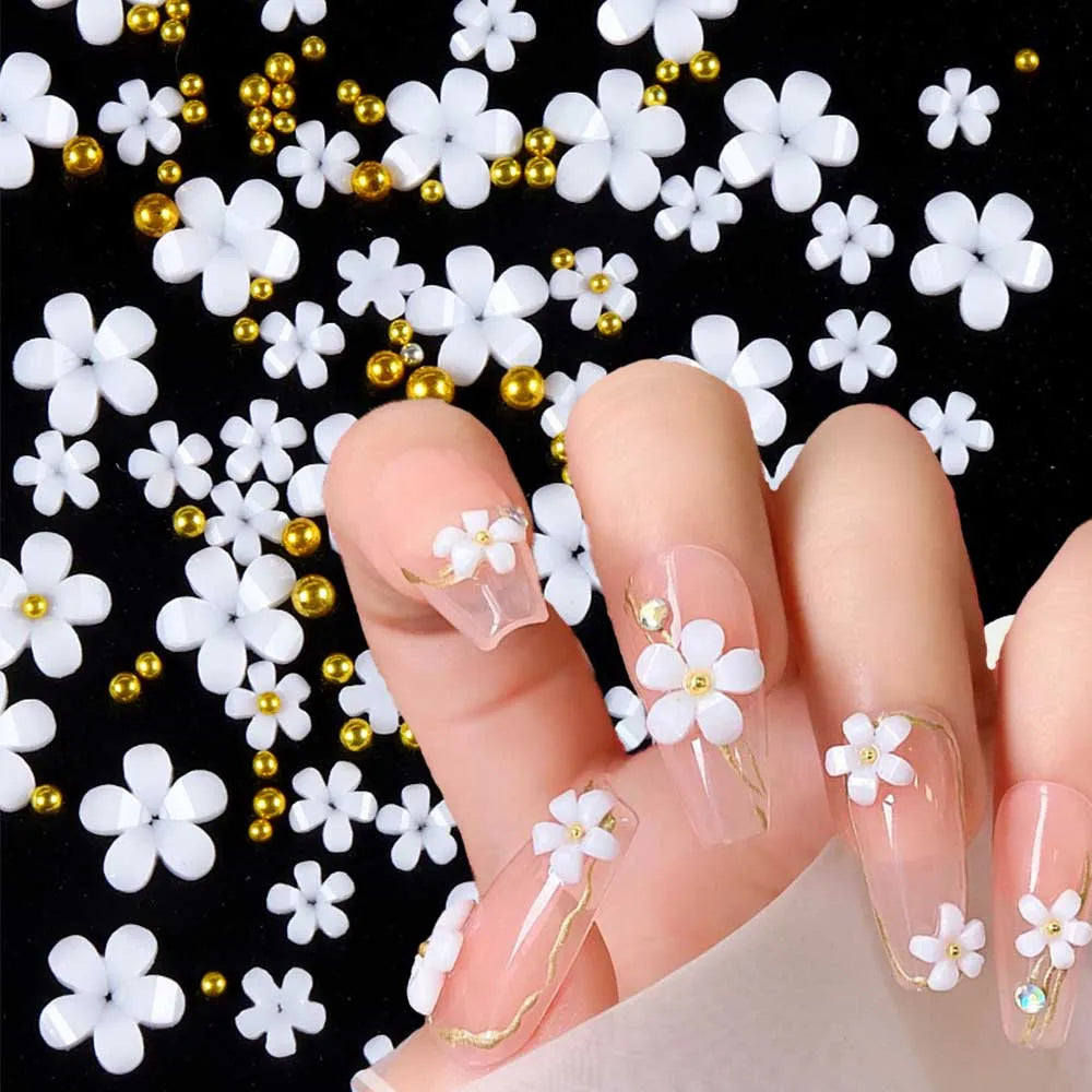MAFANAILS 3D Acrylic Flower Nail Charms – Mixed Gold Bead & Pearl Set, 1000+pcs