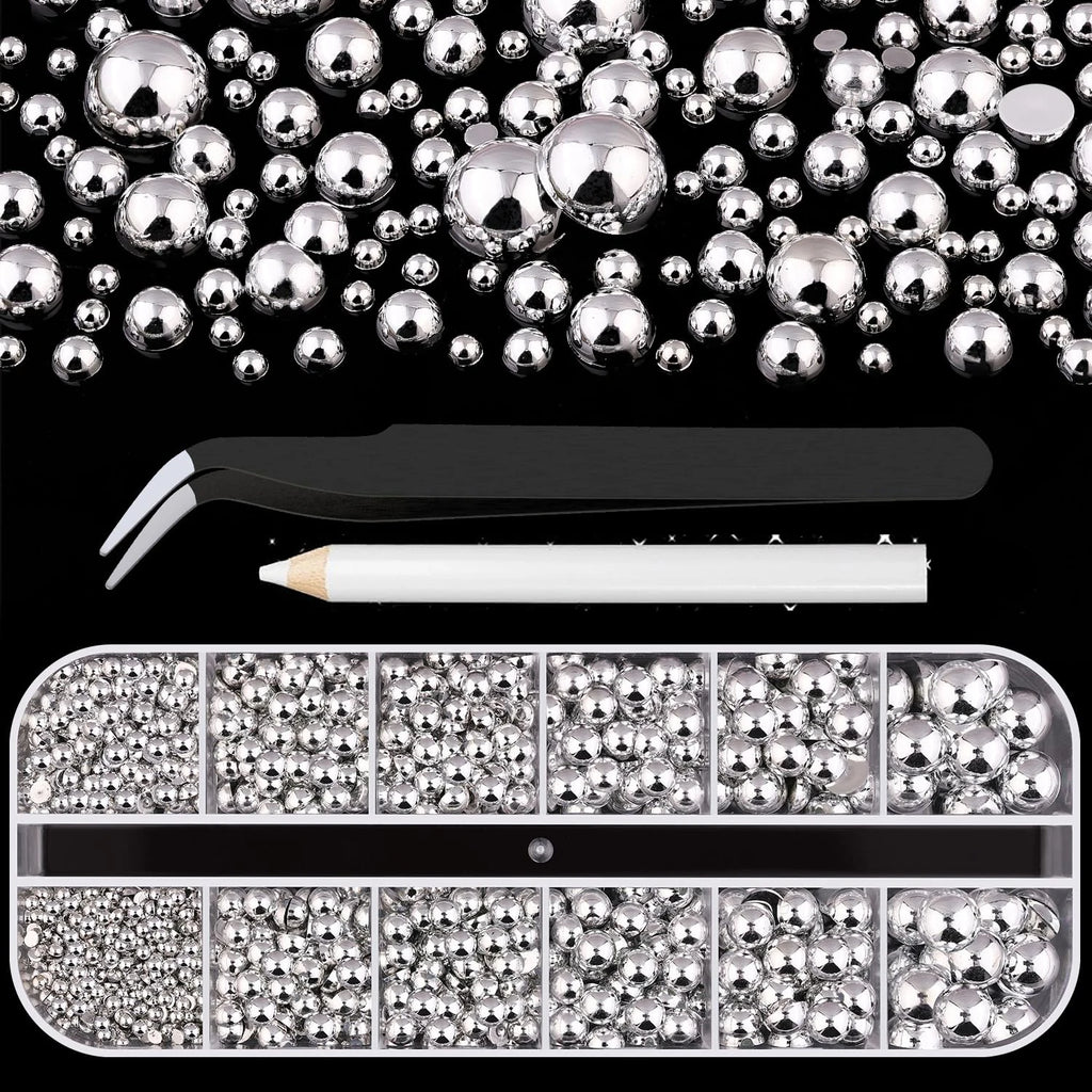 HotPress Silver Half Round Caviar Bead Nail Rhinestones – Flatback Pearl & Alloy Ball Set, 12 Grids