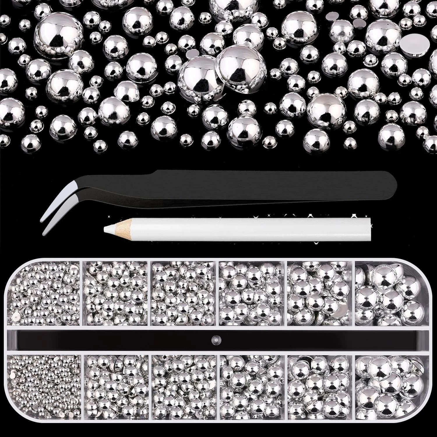 HotPress Silver Half Round Caviar Bead Nail Rhinestones – Flatback Pearl & Alloy Ball Set, 12 Grids