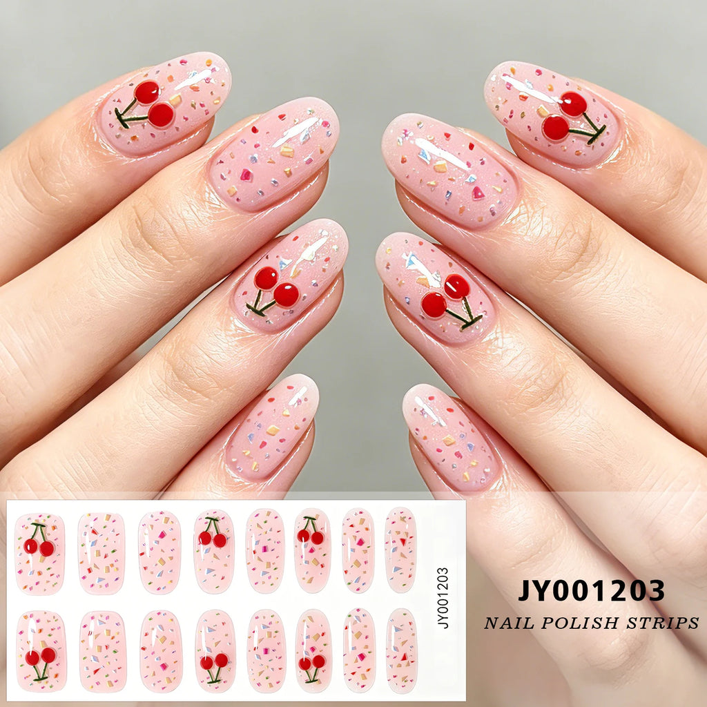 16-Tip Floral Full-Cover Nail Wraps – Daisy, Cherry & Tulip Gel Stickers