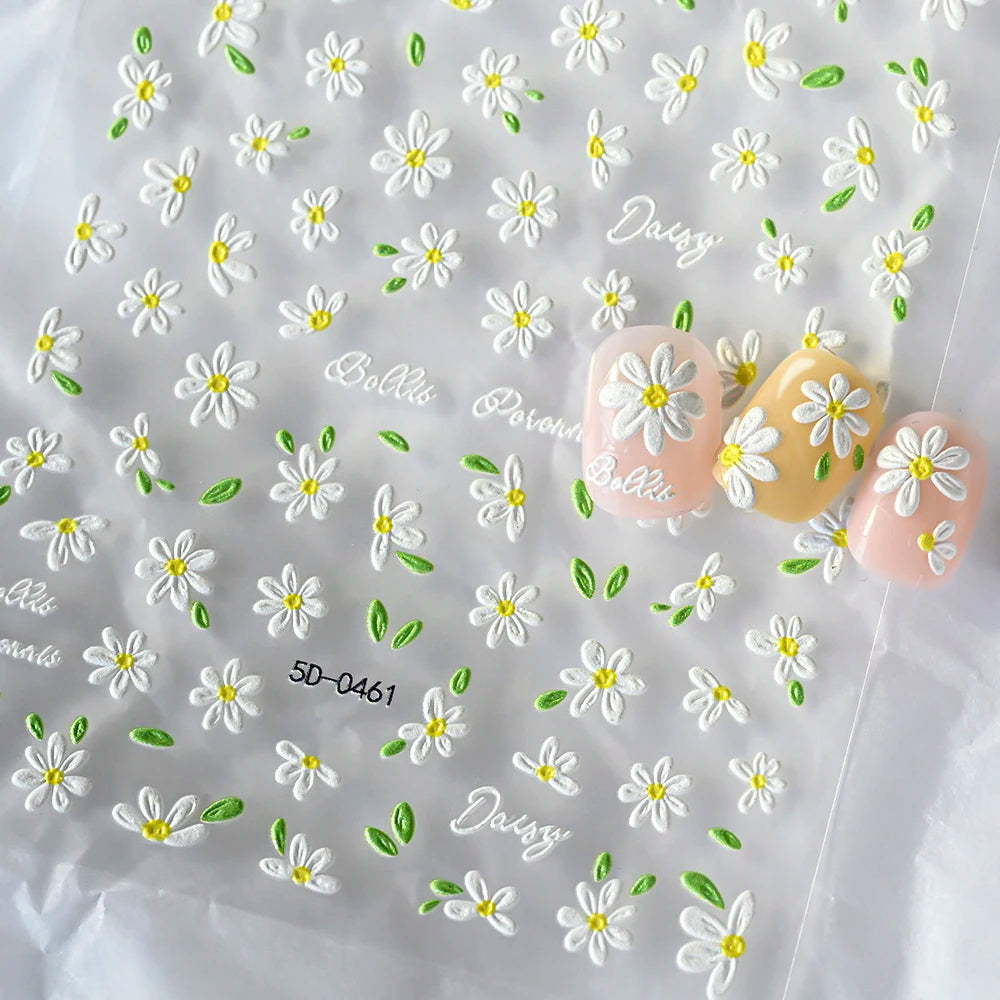 5D White Daisy Nail Art Stickers – Embossed Floret & Leaf Decals