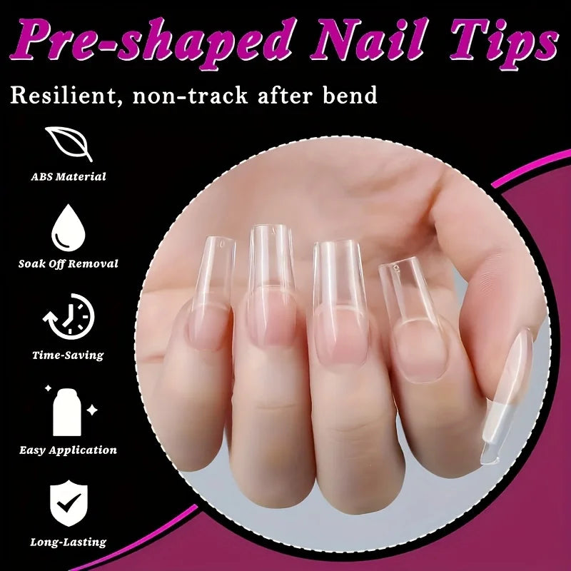 Half-Matte Square Nail Tips – Clear Full Cover Acrylic, 15 Sizes, 240-330 Pieces