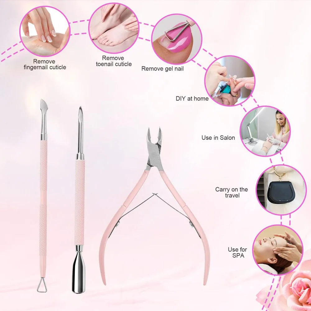 Pink Nail Art Cutter Set – Stainless Steel Scissor, Clipper & Pusher, 3 Pieces