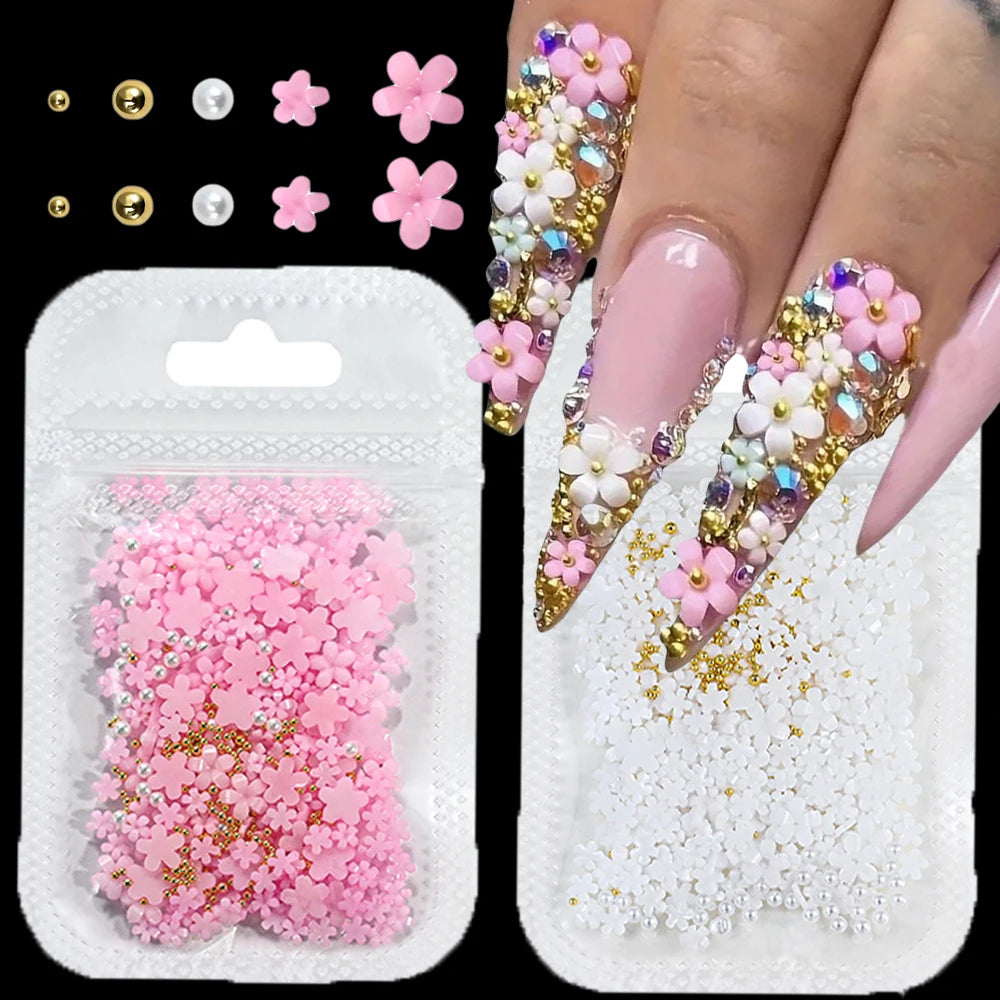 MAFANAILS 3D Acrylic Flower Nail Charms – Mixed Gold Bead & Pearl Set, 1000+pcs