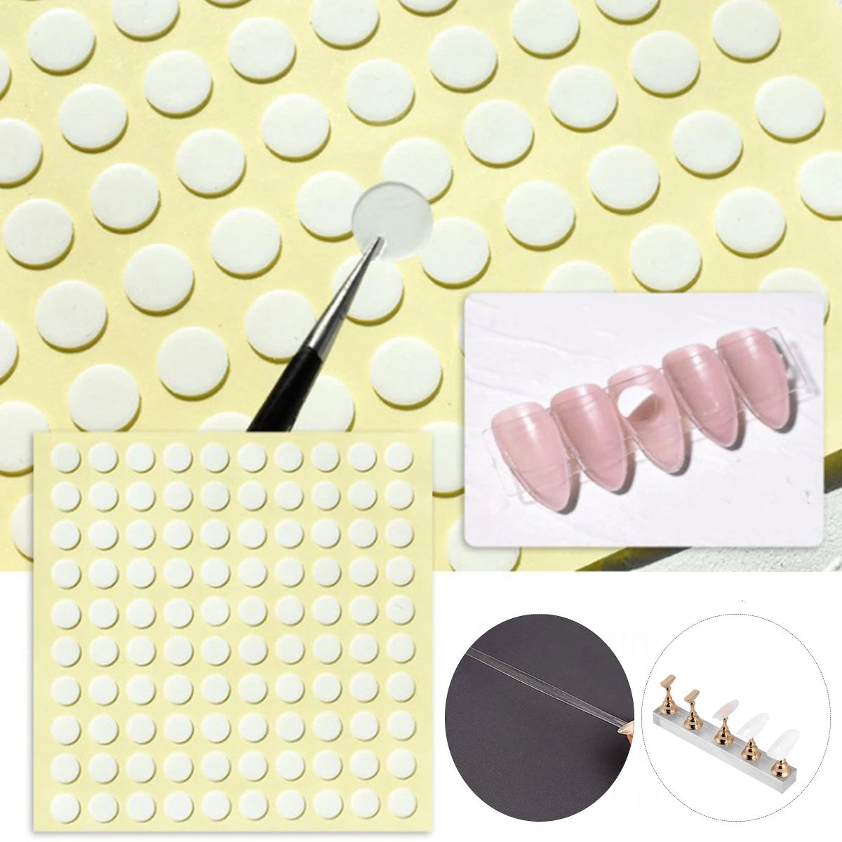 Double-Sided Nail Adhesive Dots – Transparent PET Glue Tabs for Display & Practice Stands