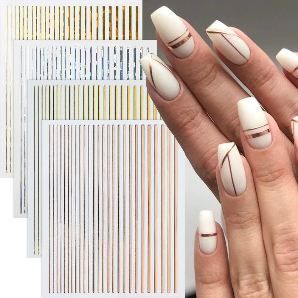MAFANAILS 3D Metallic Laser Line Nail Stickers – Gold & Silver Striped Decals
