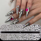 HotPress Silver Half Round Caviar Bead Nail Rhinestones – Flatback Pearl & Alloy Ball Set, 12 Grids