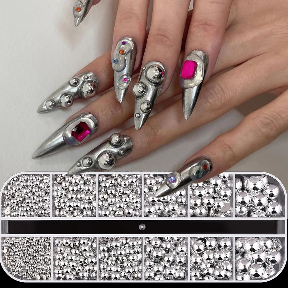 HotPress Silver Half Round Caviar Bead Nail Rhinestones – Flatback Pearl & Alloy Ball Set, 12 Grids