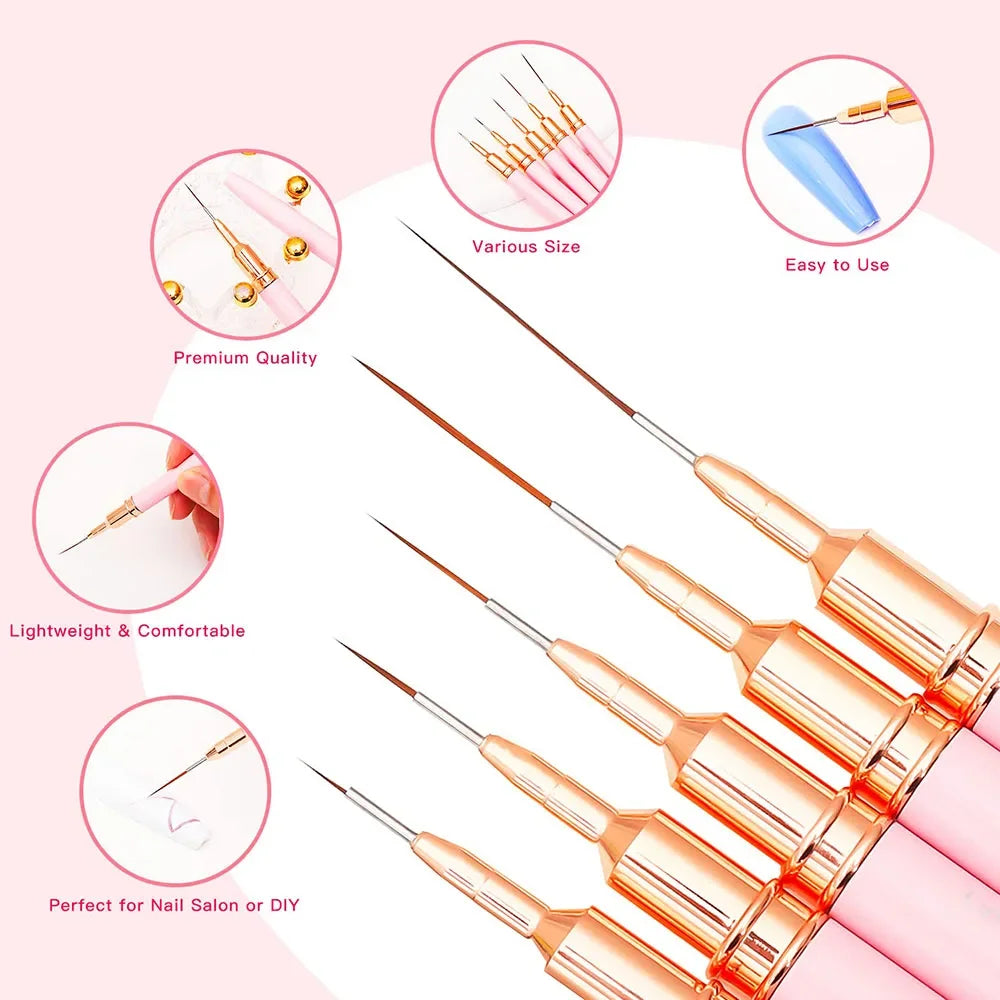 Elongated Nail Art Liner Brush Set – Professional Striping Drawing Pens, 5 Pieces