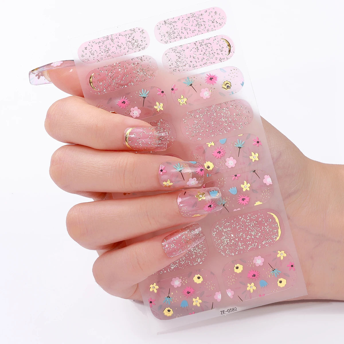 16-Tip Baking-Free Floral Nail Stickers – Full-Cover Adhesive Strips